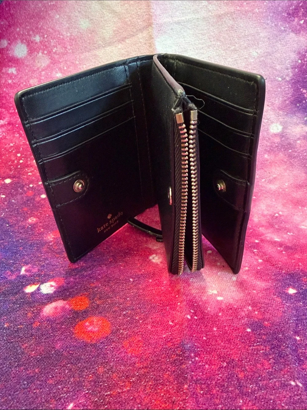 kate spade black Saffiano zip wallet with gold logo